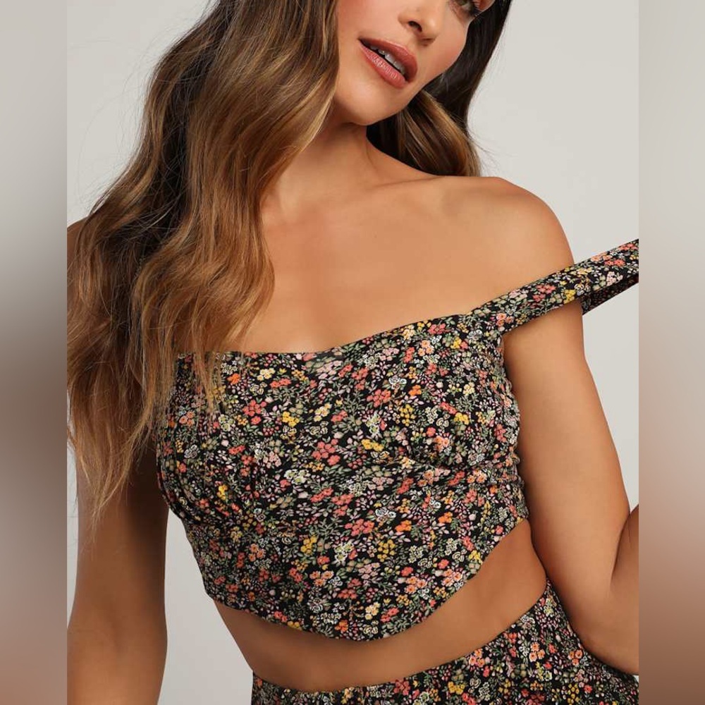 Lulus Rise and Bloom Black Floral Print Bustier Crop Tank Top Small